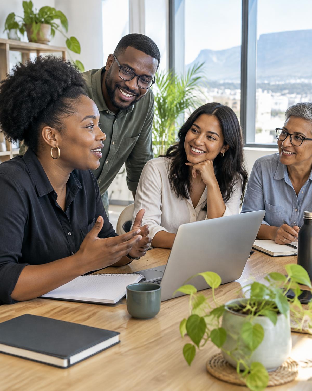 A diverse South African team sharing ideas around a table in a bright office